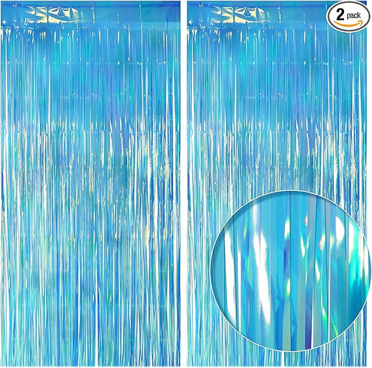 2 Pack Blue Iridescent Streamers Backdrop, 3.3x6.6ft Foil Fringe Curtains Holographic Door Tinsel Streamers for Birthday, Wedding, Holiday, Bachelorette, Christmas, Winter Theme Party Decorations