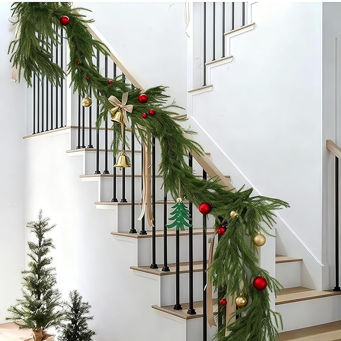 Christmas Decorations Artificial Norfolk Pine Garlands 6FT 4Pcs, Real Touch Winter Pine Garland, Green Artificial Greenery Garland for Table, Mantle, Wall, Indoor, Outdoor Decorations