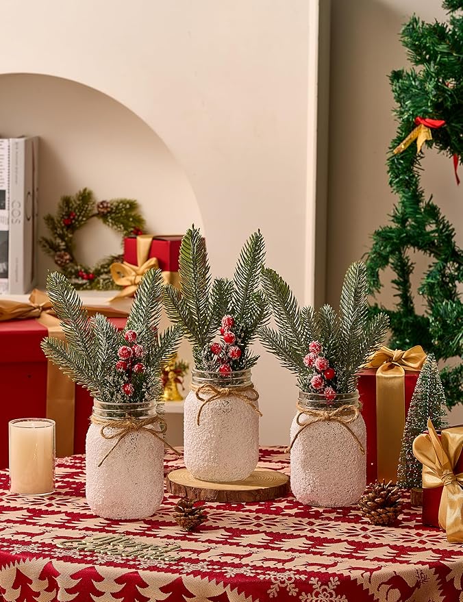 Christmas Centerpieces for Tables, Table Decor with Mason Jar, Flowers Picks, Farmhouse Wood Tray, Christmas Winter Table Decorations Centerpieces, Xmas Holiday, Kitchen, Room, Dining Decor