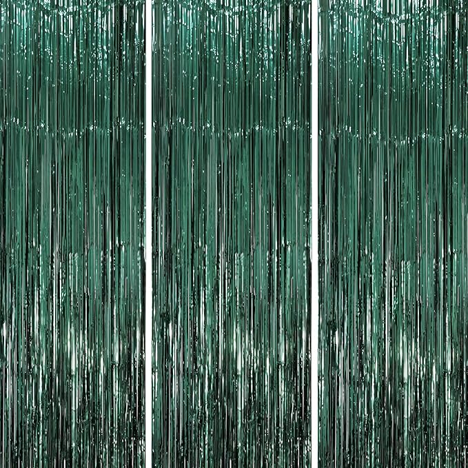 3 Pack 3.3 x 8.2 ft Retro Green Foil Fringe Backdrop Curtains, Tinsel Streamers Party Decorations, Fringe Backdrop, Door Shimmer for Christmas