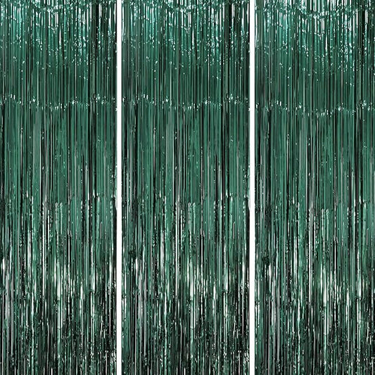 3 Pack 3.3 x 8.2 ft Retro Green Foil Fringe Backdrop Curtains, Tinsel Streamers Party Decorations, Fringe Backdrop, Door Shimmer for Christmas