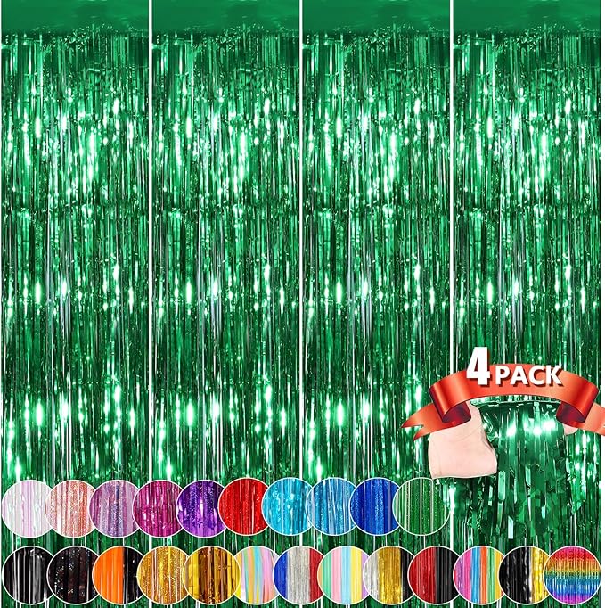 Green Metallic Tinsel Foil Fringe Curtains, 4 Pack 3.3x8.3 Feet Party Streamer for Birthday Party Decorations, Halloween Decor, Foil Curtain for Bachelorette Party