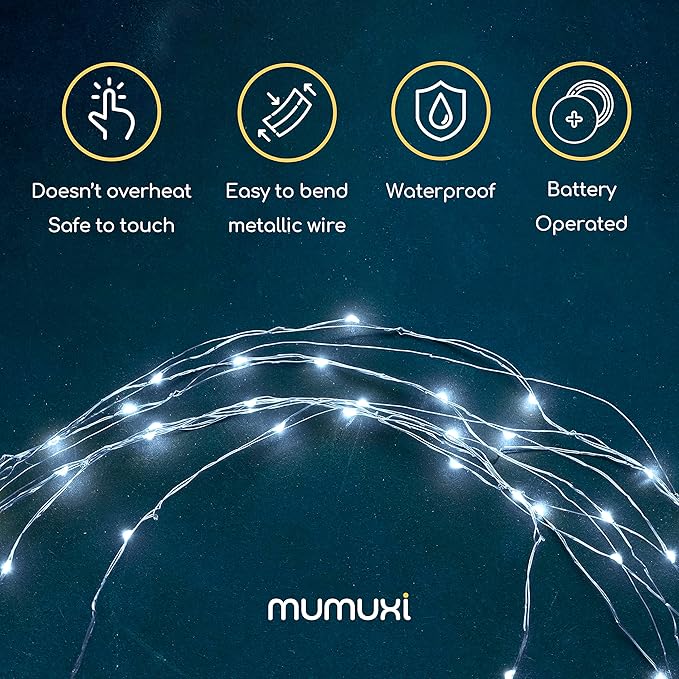 MUMUXI 20 Pack 3.3ft Fairy Lights Battery Operated String Lights, Mini White LED Powered, Waterproof, Silver Wire Firefly Mason Jar for Home, Party, Wedding Decorations, Cool White