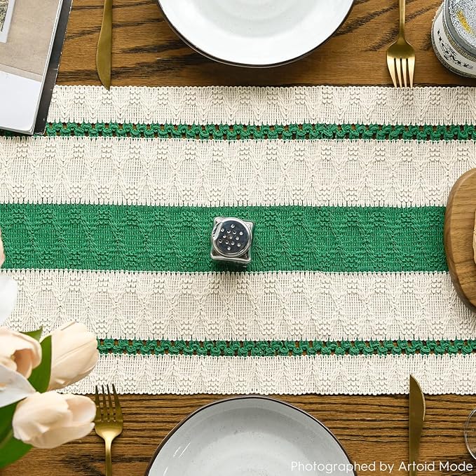 Artoid Mode Dark Green Farmhouse Woven Rustic Table Runner, Seasonal Holiday Hollow Kitchen Dining Table Decoration for Home Party Decor 12x60 Inch