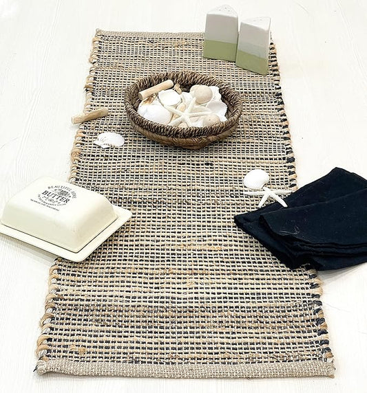 Chardin home Natural Jute Table Runner 13x36 Inch – Vintage Boho Rustic Table Decor – Handwoven Table Runner in Natural Jute and Black – Farmhouse Dining or Console Table Accent