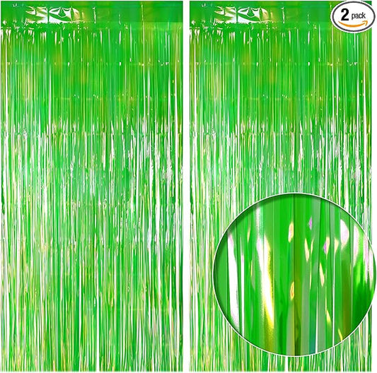 2 Pack Green Iridescent Streamers Backdrop, 3.3x6.6ft Foil Fringe Curtains Holographic Door Tinsel Streamers for Birthday, Wedding, Holiday, Bachelorette, Christmas Theme Party Decorations