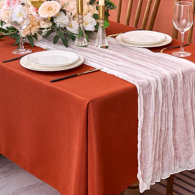 Fitable Faux Linen Rectangle Tablecloths 60 x 120 Inch - 2 Pack Rust Table Cloth for 6-8 Foot Tables, Faux Burlap Kitchen Table Cover for Thanksgiving Autumn Dining Party Farmhouse Banquet Buffet