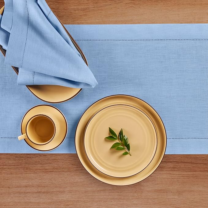 Solino Home Linen Cornflower Blue Hemstitch Table Runner 48 Inches - 100% Pure Linen Small Table Runner 14 x 48 Inch Ideal for Dresser and Coffee Tables - Classic Hemstitch - Christmas, Holiday
