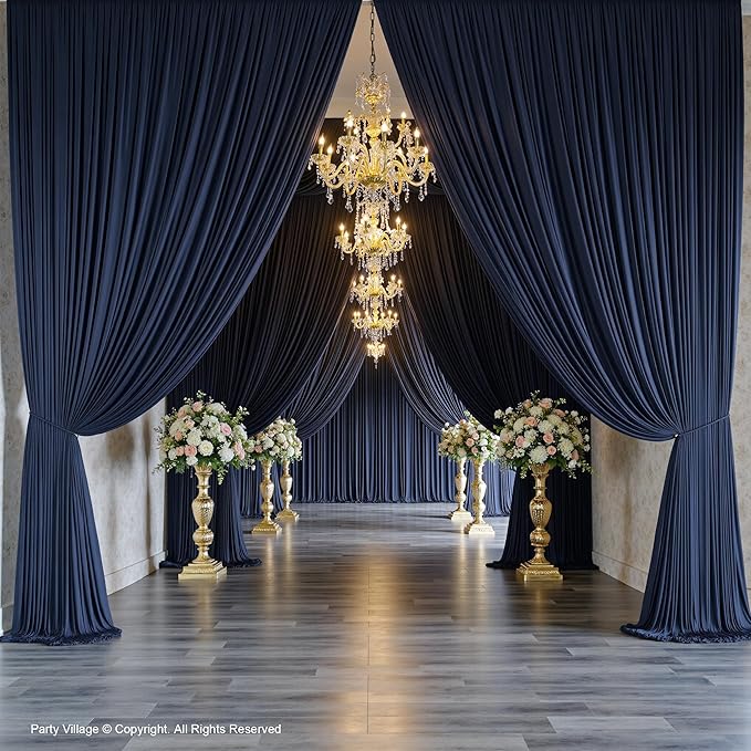 PartyVillage 50ft×15ft Navy Blue Backdrop Curtain for Wedding Parties, 10 Panels Wrinkle Free 15 FT Long Polyester Photo Backdrop Drapes Back Drop Cloth for Birthday Photography Background