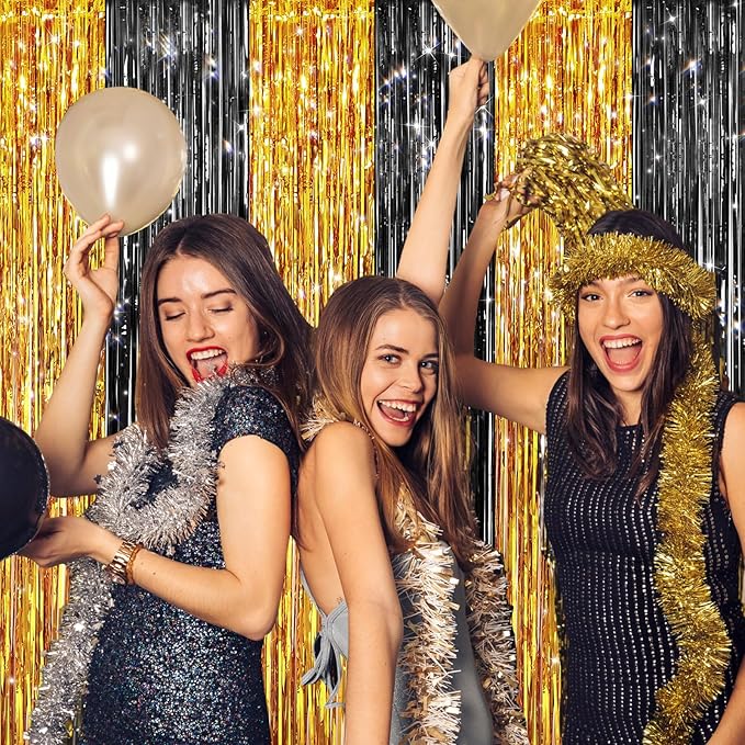 2Pack Black Gold Metallic Tinsel Foil Fringe Curtains, Door Streamers Photo Booth Backdrop for Birthday Party, Tinsel Curtain Backdrop for Wedding Baby Shower Bachelorette Christmas Party Decorations