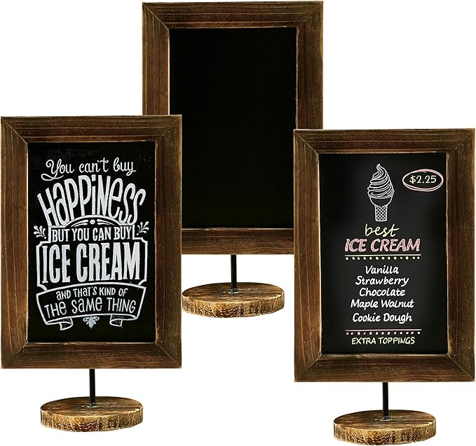 MyGift Set of 3 Tabletop Chalkboard Sign with Burnt Wood Frame and Round Base, Decorative Wedding Table Place Card Signage, Rustic Small Kitchen Countertop Memo Board