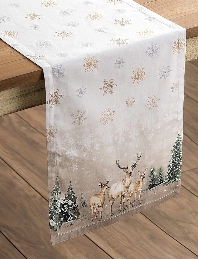Maison d' Hermine Table Runner 100% Cotton Single Layer Table Runners 108 inches Long for Thanksgiving Christmas Decorations Home Kitchen Dining Party Wedding (Deer in The Woods, 14.5" x 108")