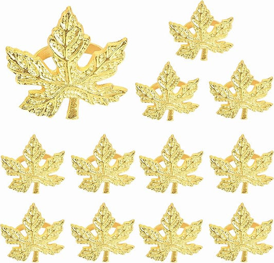 Elegant Handcrafted Leaf Napkin Rings - Set of 12 Premium Aluminum Holders for Dinner Parties, Weddings, Special Occasions & Everyday Dining (Gold) - CLEENTABLE