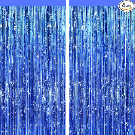 2 Pack Blue Metallic Tinsel Foil Fringe Curtains, Door Streamers Photo Booth Backdrop for Birthday Party, Tinsel Curtain Backdrop for Baby Shower Bachelorette Christmas Party Decorations