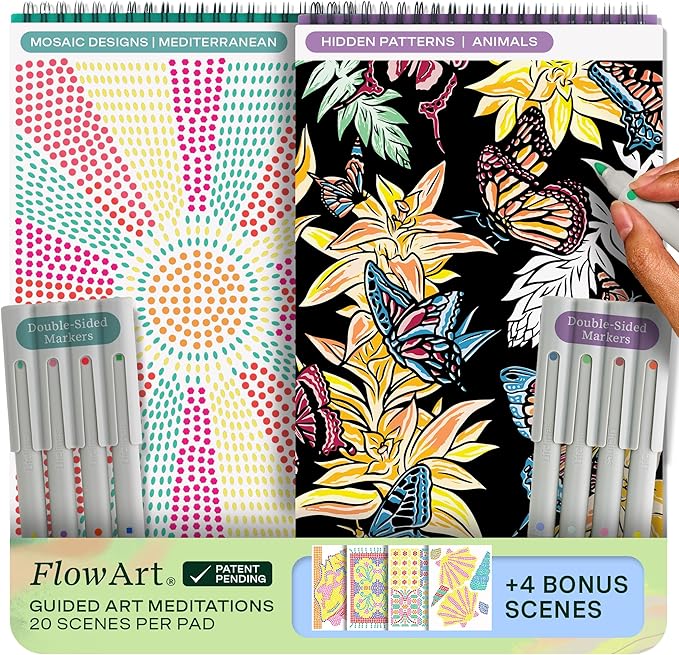 Lifelines FlowArt Activity Pad, 2-Pack - Guided Art Meditations with Markers - Mediterranean Mosaic Designs & Animal Hidden Patterns - Coloring Books for Teens, Adults & Seniors