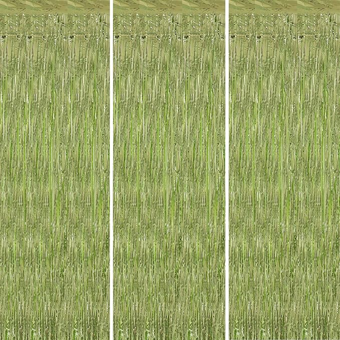 TONIFUL 3Pcs Light Green Door Streamers,Green Photo Booth Backdrop,Metallic Streamers Green Foil Fringe Curtains for Birthday,Christmas,New Year,St. Patrick's Day Party Streamers Decor