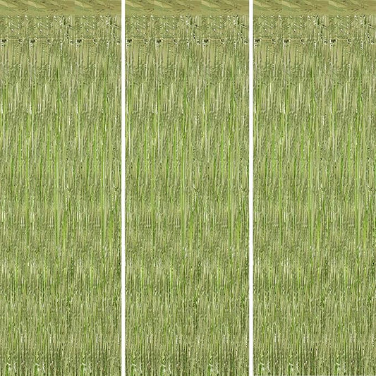 TONIFUL 3Pcs Light Green Door Streamers,Green Photo Booth Backdrop,Metallic Streamers Green Foil Fringe Curtains for Birthday,Christmas,New Year,St. Patrick's Day Party Streamers Decor