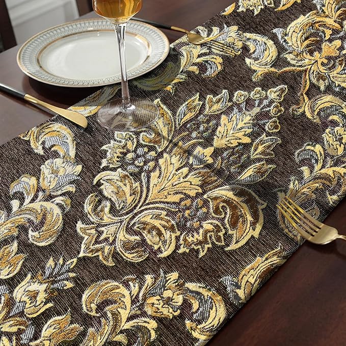 Sophisticated Jacquard Dark Brown Chenille Table Runner with Bling Gold Embroidered 13x84 inches