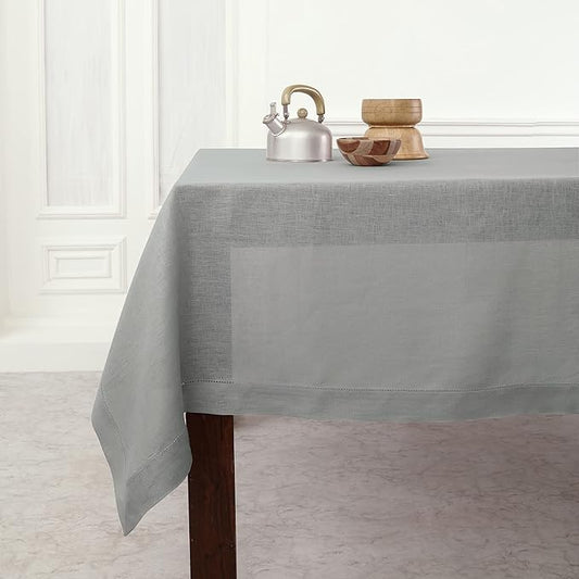 Solino Home Linen Tablecloth 60 x 108 Inch - Classic Hemstitch 100% Pure Linen Soft Grey Table Cloth for Rectangle Tables - Machine Washable Tablecloth for Fall, Autumn, Thanksgiving, Christmas