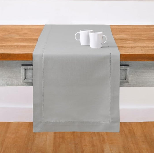 Solino Home Cotton Linen Light Grey Table Runner 72 Inches Long - Hemstitch Table Runner 14 x 72 Inch for Dresser, Dining, Fall, Autumn, Halloween, Thanksgiving, Christmas, Holiday