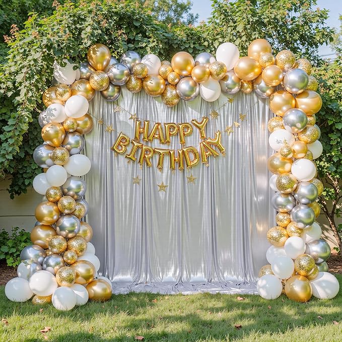PartyVillage 10x10FT Metallic Silver Sequin Backdrop Curtain -2 Panels 5x10FT Wrinkle Free Shimmer Back Drop Cloth, Glitter Backdrop Drapes for Photography, Birthday, Wedding Background