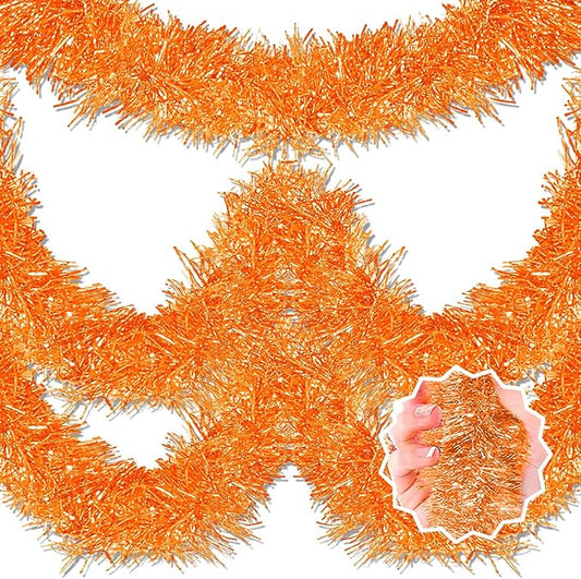 25 Feet Macaron Orange Christmas Tinsel Garland, Metallic Foil Twist Banner Wall Hanging Tinsel Streamers Backdrop for Parade Floats, Christmas, Mother's Day, Birthday Party Decorations(4in x 25ft)