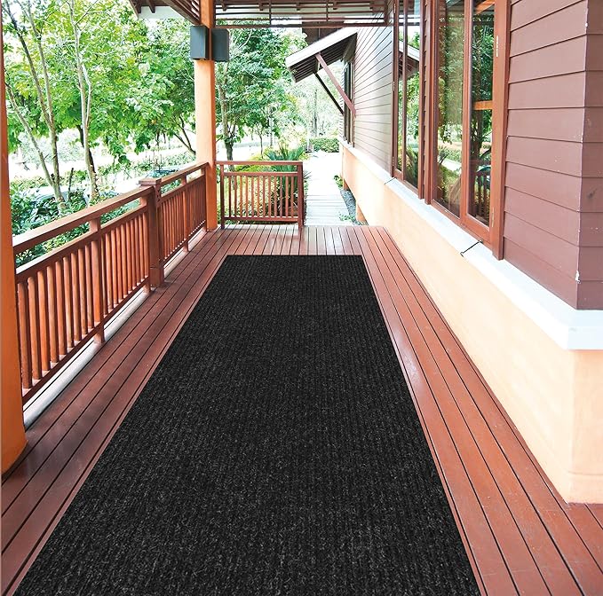 Ottomanson 2' x 14' Hallway Runner with Scraper Pile Extra Durable Non-Slip Rug Mat for Indoor & Outdoor Use - Ideal for Kitchen, Entryway, Patio & Garage - High-Traffic Carpet, Black