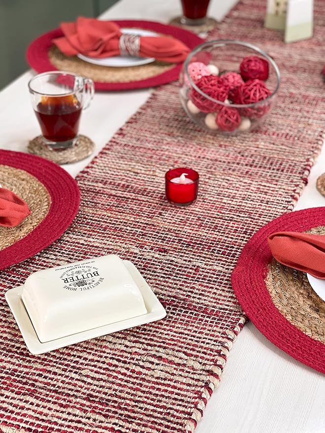 Chardin home Natural Jute Table Runner 13x108 Inch – Vintage Boho Rustic Table Decor – Handwoven Long Table Runner in Natural Jute and Red – Farmhouse Dining or Console Table Accent