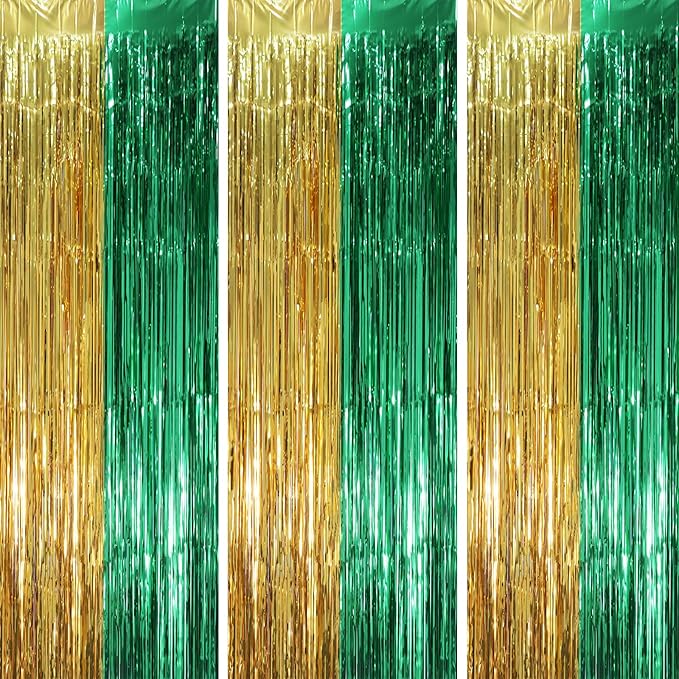 3 Pack 3.3 x 8.2 ft Green and Gold Foil Fringe Backdrop Curtains, Tinsel Streamers Party Decorations, Fringe Backdrop, Door Shimmer for Graduation or Birthday Party