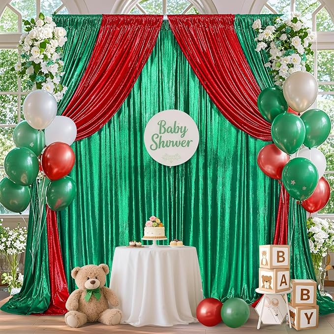 Christmas Backdrop Curtains Glitter Fabric - 4.8x8FT 4 Panels Red Background for Baby Shower Birthday Photography Decoration (19.2x8FT)