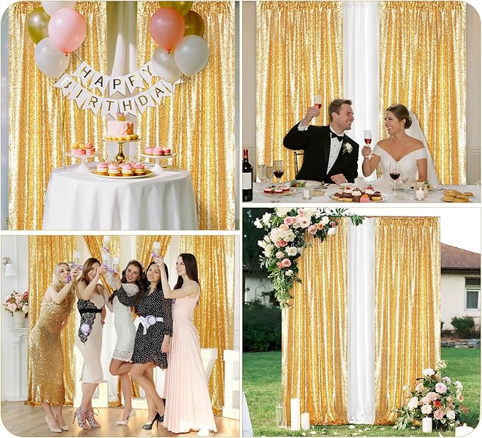 Juya Delight 2PCS 2FTx8FT Gold Sequin Curtains - Glitter Photo Backdrop for Party Birthday Wedding Wall Decoration
