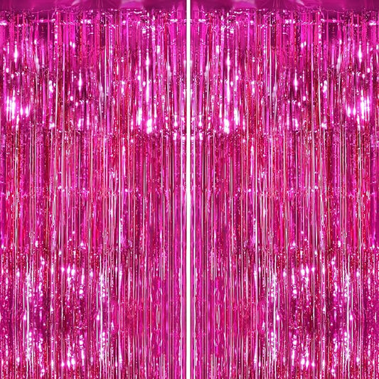 2Pack Hot Pink Metallic Tinsel Foil Fringe Curtains Backdrop for Pink Party Birthday Wedding Bachelorette Baby Shower Holiday Party Decorations Photo Booth Props, Bachelorette Christmas Party Decors