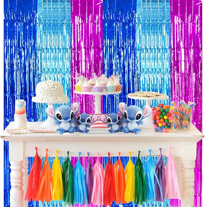 TONIFUL Blue Pink Door Streamers,Blue and Pink Photo Booth Backdrop Metallic Streamers Foil Fringe Curtain for Birthday,New Year,Graduation,Grad,Baby Shower Party Streamers Decoration