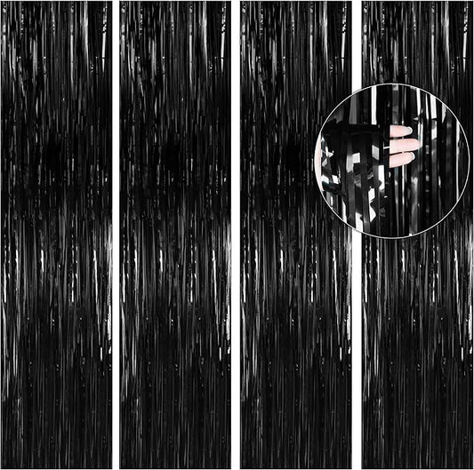 BTSD-home 4 Pack Black Foil Fringe Curtain Backdrop Metallic Photo Booth Backdrop Tinsel Curtains for Bachelorette Birthday Bridal Shower Party Decorations(3ft x 8ft)