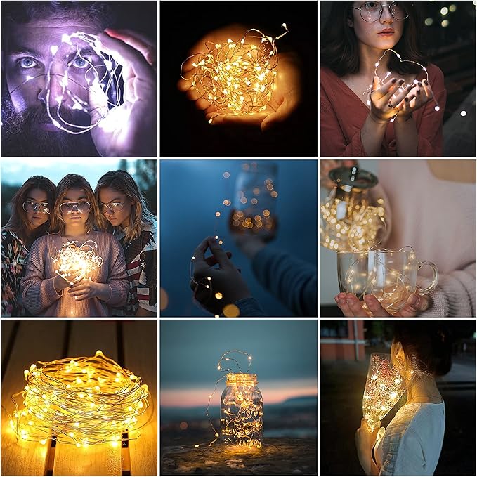 20 Pack Fairy Lights Battery Operated 60 Extra Batteries, 3 Modes 6.5ft 20 LED Mini String Lights, Waterproof Silver Wire Firefly Starry Lights for DIY Wedding Christmas Party, Warm White