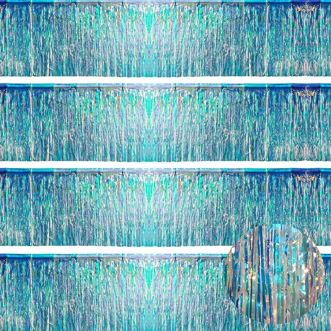 Iridescent Birthday Decorations Tinsel Garland Parade Float Decorations for Trailer 4Pack 12FT Christmas Party Decor Ceiling Fringe Banner Silver Backdrop for Streamers Party Decorations