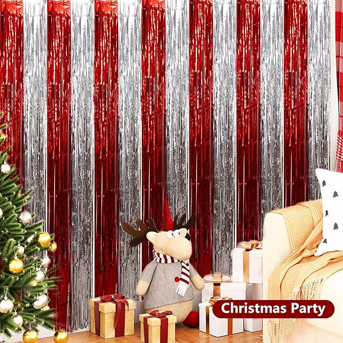 BEISHIDA Red Silver Door Streamers Backdrop Foil Fringe Tinsel Party Streamers Curtains Photo Backdrop - 2Pcs for Birthday Graduation Christmas Party Decoations