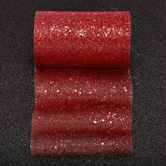 Glitter Tulle Rolls, 6” by 50 Yards (150FT) Sparkling Tulle Spool Ribbon Sequin Tulle Netting Fabric for Tutu Skirt Wedding Birthday Baby Shower (Burgundy)