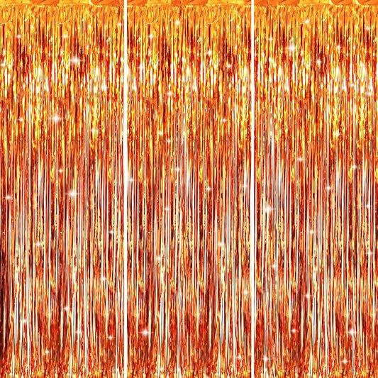 GOER 3.2 ft x 8.2 ft Metallic Tinsel Foil Fringe Curtains Party Photo Backdrop Party Streamers for Birthday,Graduation,New Year Eve Decorations Wedding Decor (3 Packs,Orange)