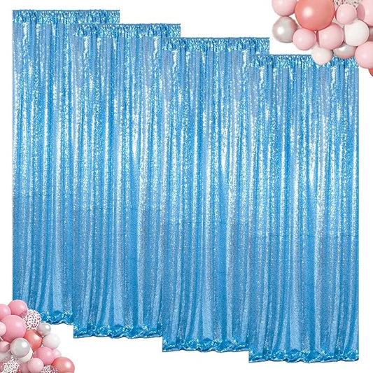 ShinyBeauty Sequin Curtains 4 Panels Baby Blue | Sparkle Photo Backdrop for Parties & Events | 2Ft x 8Ft Shimmer Fabric Background | Elegant & Durable | Perfect for Weddings & Baby Showers