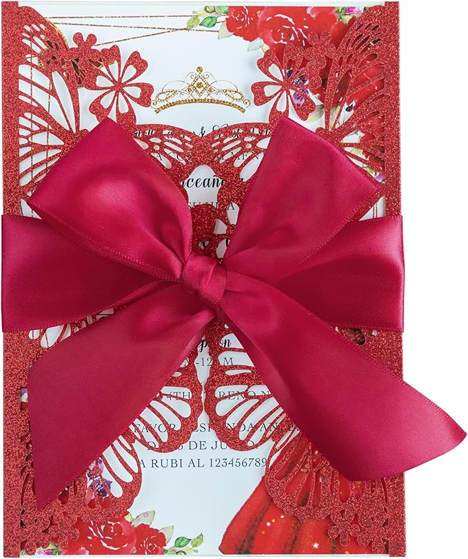 20 PCS 5.12x7.2 Butterfly Quinceanera Invitation, Laser Cut Wedding Invitation Cards with Envelopes for XV Anos Bridal Shower Baby Shower Invite (Red Glitter)