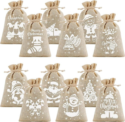 CCINEE 36pcs Christmas Burlap Bags, 4×6 Inch Drawstring Christmas Burlap Goody Gift Candy Bags with Double Jute Drawstrings Xmas Treat Bags for Candy Wrapper Xmas Party Favors