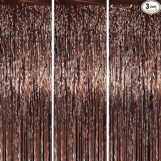 3 Pack 3.3 x 6.6 ft Brown Foil Fringe Backdrop Curtains, Tinsel Streamers Party Decorations, Fringe Backdrop for Birthday, Baby Shower, Gender Reveal, Graduation