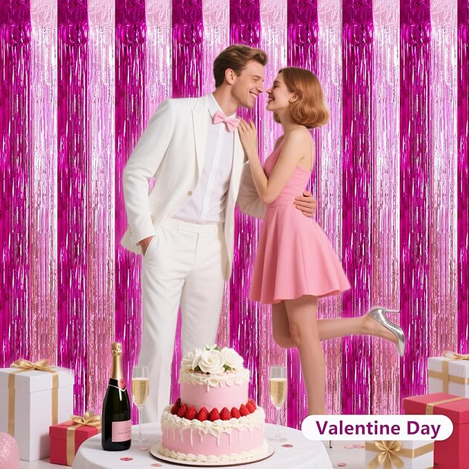 BEISHIDA Hot Pink Pink Door Streamers Backdrop Foil Fringe Tinsel Party Streamers Curtains Photo Backdrop -2Pcs for Girl Birthday Valentines Baby Shower Graduation Bachelorette Party Decoations
