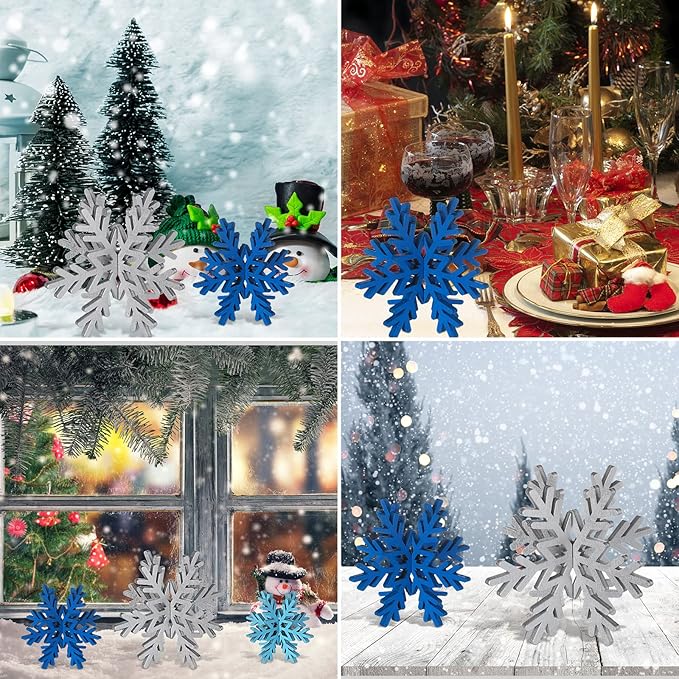 Bucherry 12 Pcs Wooden Snowflake Table Decor 3D Snowflake Tabletop Signs and Centerpiece for Christmas Xmas Winter Wonderland Decorations Home Party(Silver)