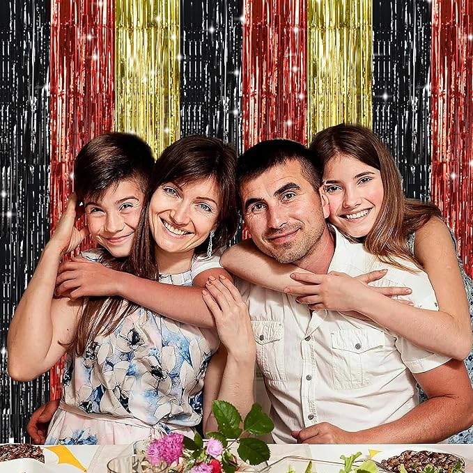 TONIFUL Black Red Gold Door Streamers,Black Red and Gold Photo Booth Backdrop Metallic Streamers Foil Fringe Curtain for Mouse Themed Birthday,New Year,Graduation,Baby Shower Party Decoration