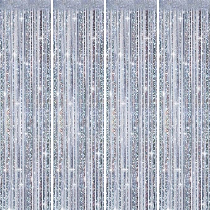 Picoway 4 Pack Foil Fringe Tinsel Backdrop Curtains, Birthday Engagement Bachelorette Party Decorations, Photo Booth Props Door Streamers Curtain (Silver)