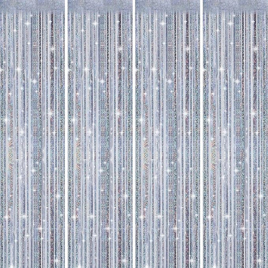 Picoway 4 Pack Foil Fringe Tinsel Backdrop Curtains, Birthday Engagement Bachelorette Party Decorations, Photo Booth Props Door Streamers Curtain (Silver)