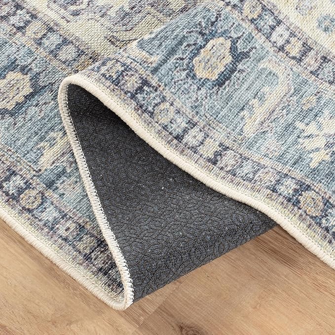Bloom Rugs Washable Non-Slip 5' x 7' Rug - Blue/Beige Traditional Oriental Area Rug for Living Room, Bedroom, Dining Room, and Kitchen - Exact Size: 5' x 7'