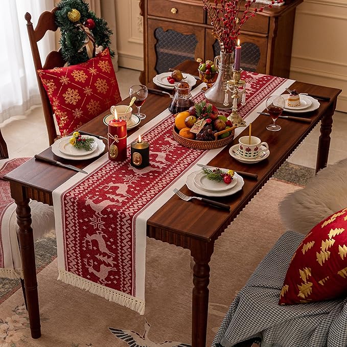 Table Runners 72 Inches,Elk Table Runner with Tassel Fringe,Christmas Table Runner for Party，Coffee Table, Festival